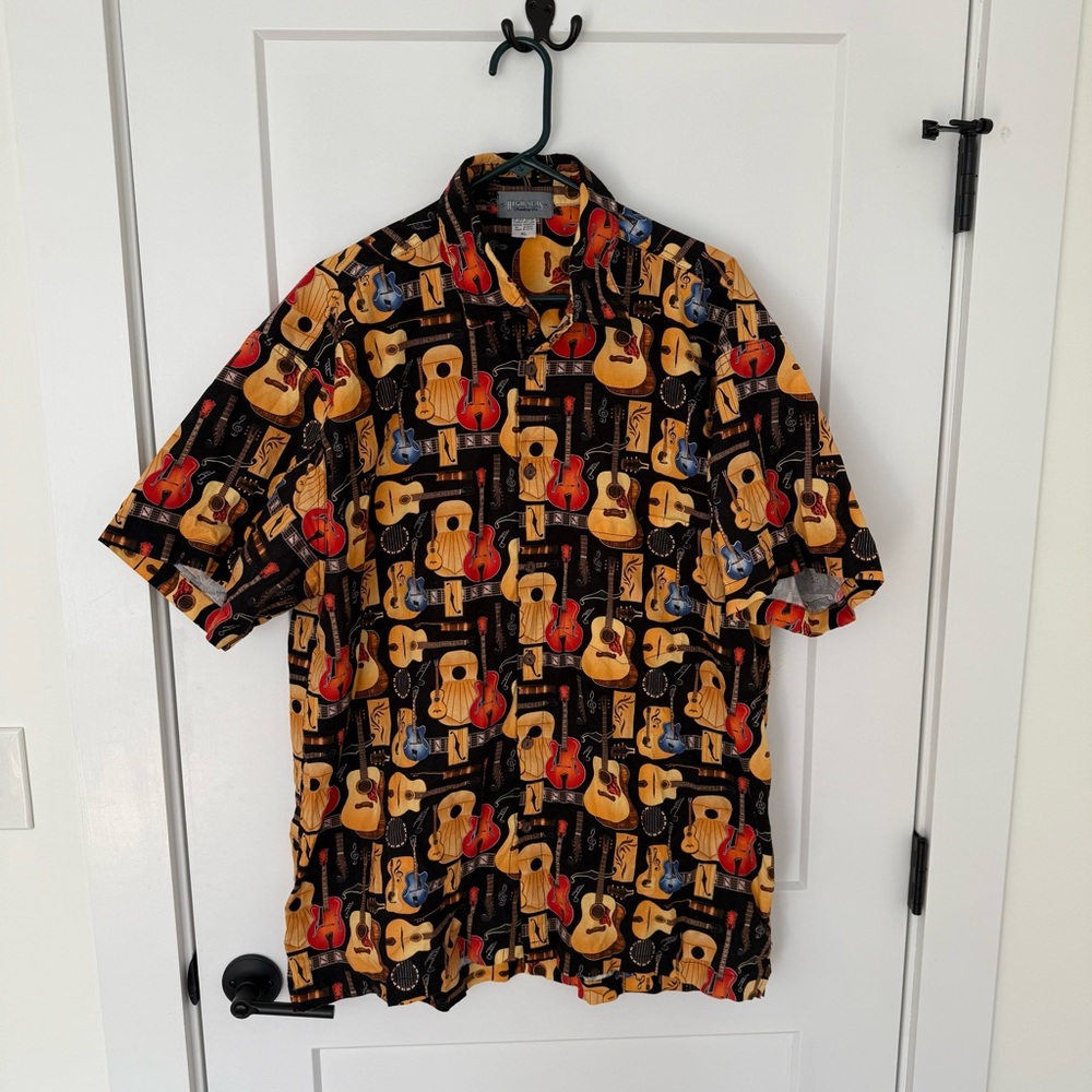 Vintage High Seas Hawaiian Shirt. Guitar All Over Print. Made in USA. XL. Casual